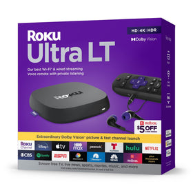 Roku Ultra LT front view showing compact player and ports, enhancing setup flexibility