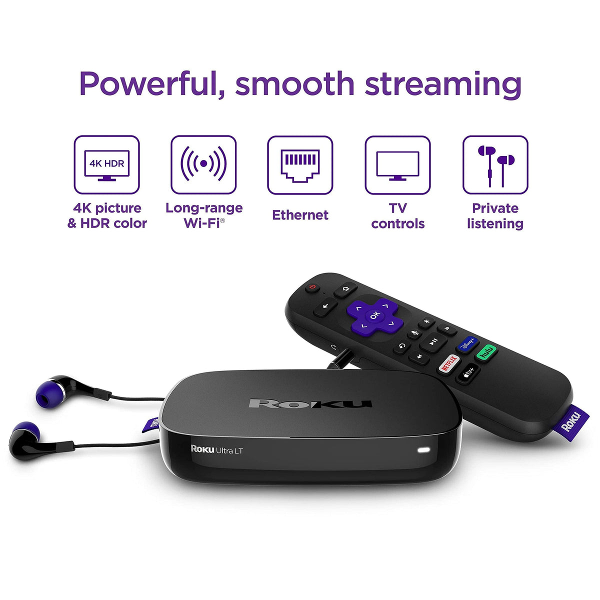 Roku Ultra LT box with factory seal visible despite slight exterior water damage, assures new unit