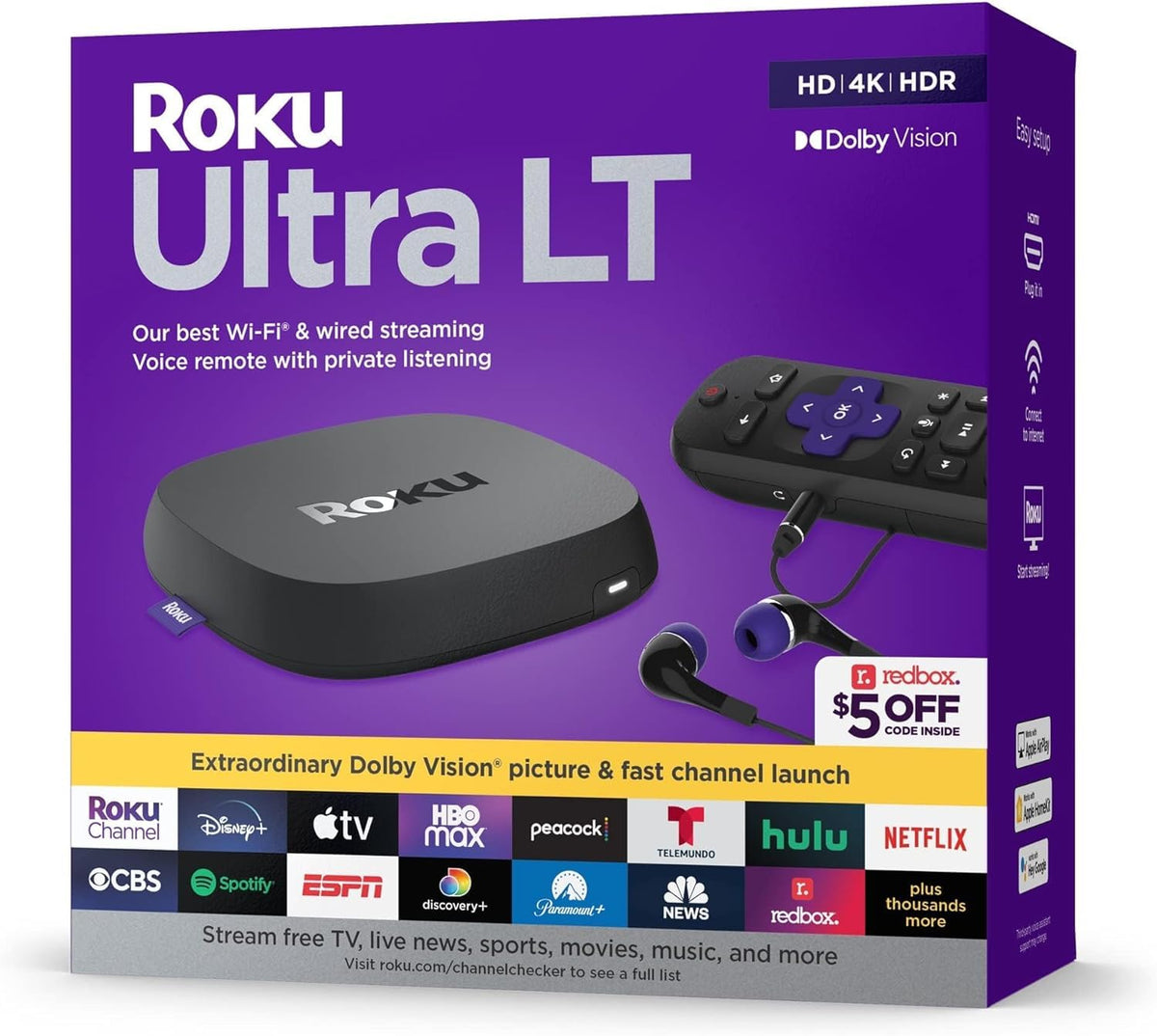 Roku Ultra LT voice remote with headphone jack for private listening