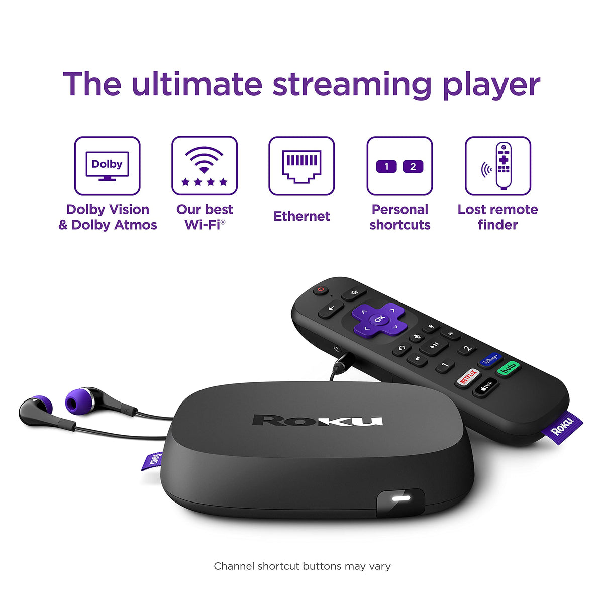 Roku Ultra voice remote enabling hands-free search and quick channel access.
