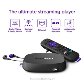 Roku Ultra voice remote enabling hands-free search and quick channel access.