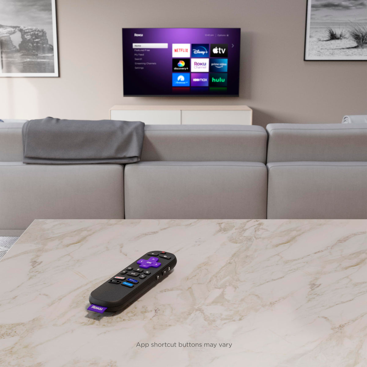 Roku Voice Remote with pre set shortcuts, fast access to favorite channels
