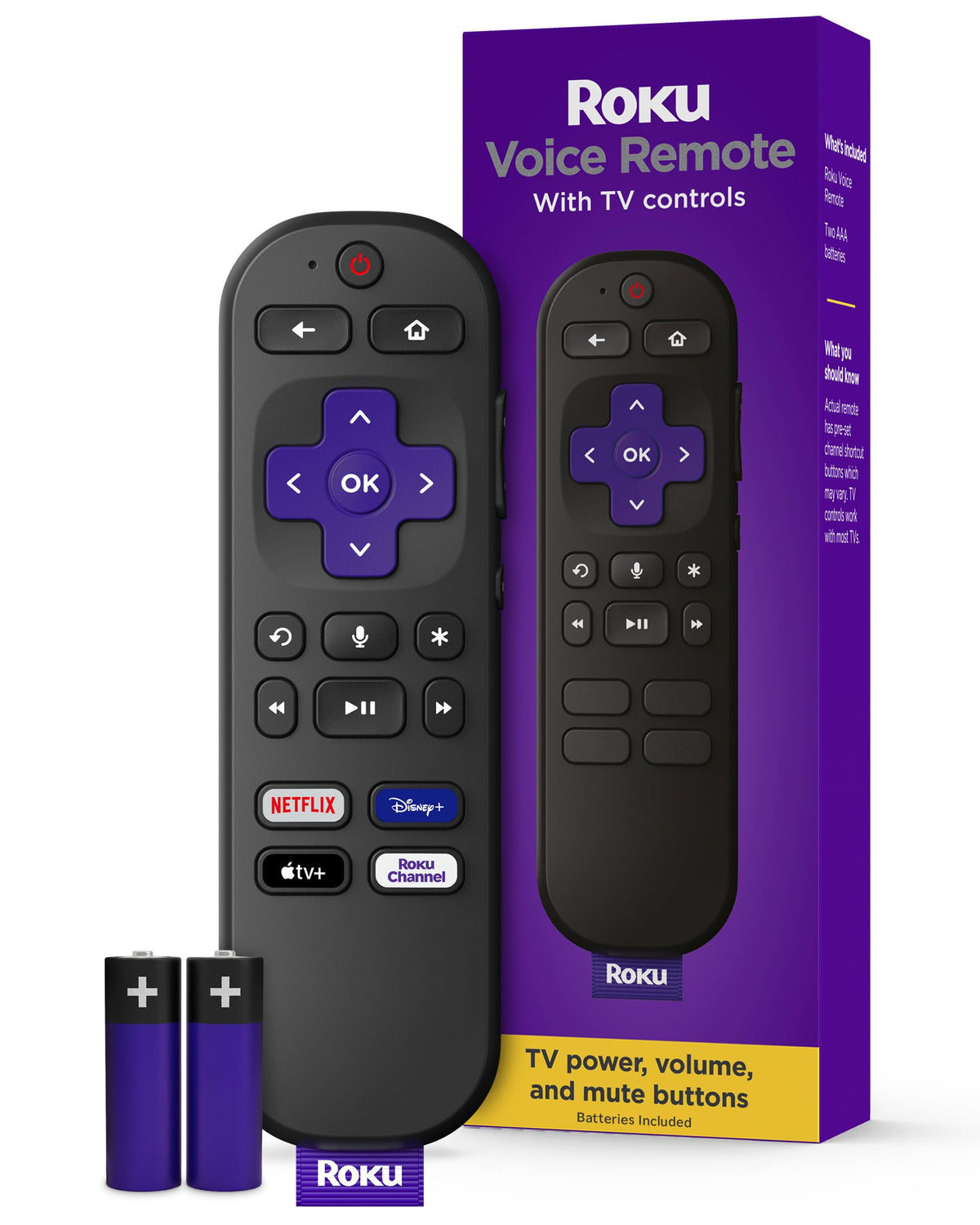 Roku Voice Remote front view, compact design for quick voice search and channel launch