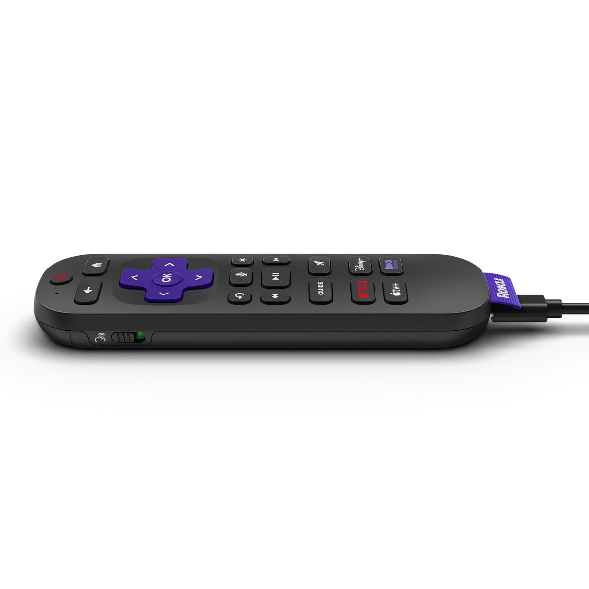 Roku remote rear view showing texture and battery compartment, durable design benefit