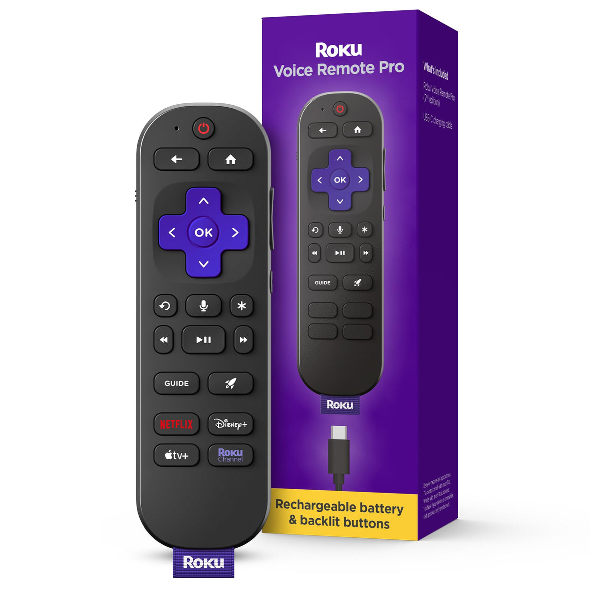 Roku remote front view showing buttons and logo, clear controls for easier navigation
