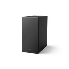 Roku wireless bass front view showing compact design and improved bass