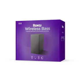 Roku wireless bass placed beside TV with Streambar for fuller sound