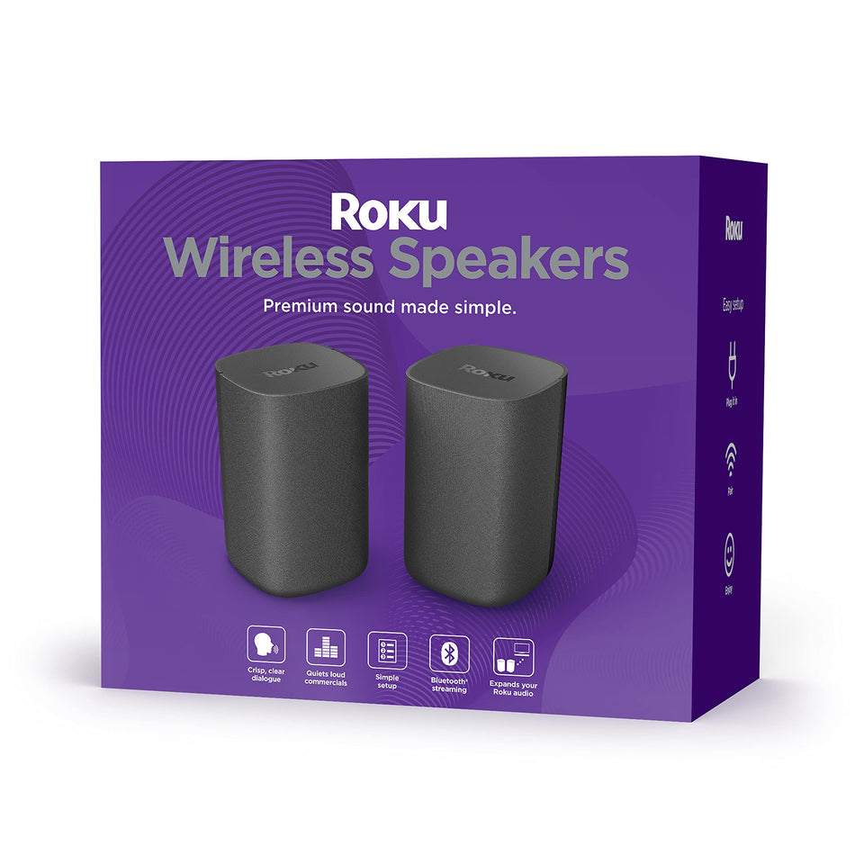 Roku Wireless Speakers front view showing sleek design and rich sound potential for Roku TV