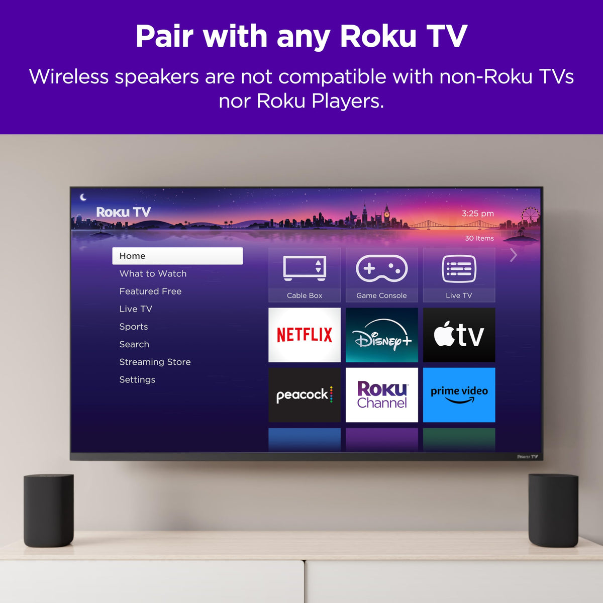 Roku Wireless Speakers side profile showing compact design for living room.
