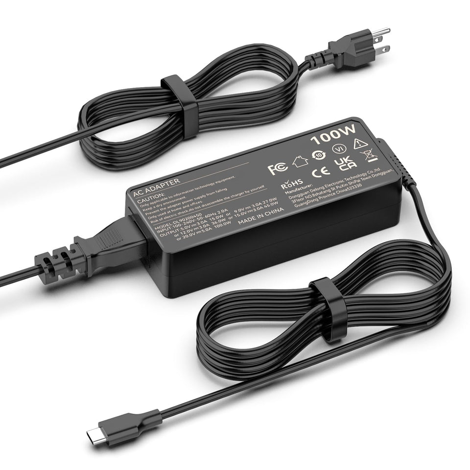 ROLADA 100W USB-C charger front view powering a laptop quickly