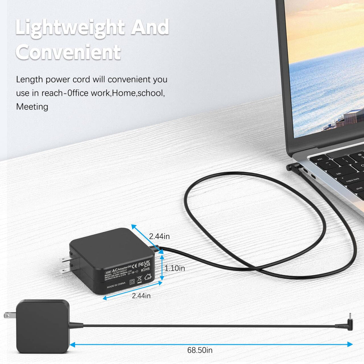 ROLADA 45W charger with a 6.6ft cord offers flexible reach and convenience.