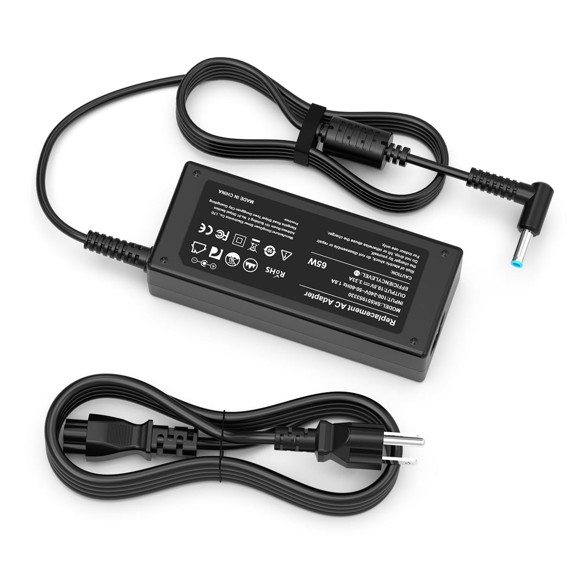 ROLADA 65W laptop charger with blue tip for HP laptops.