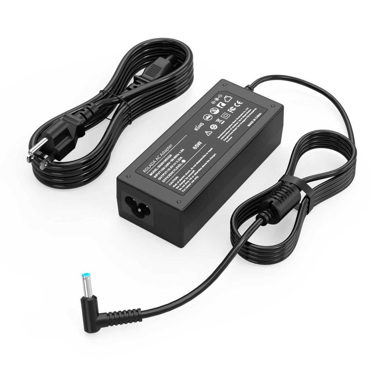 ROLADA 90W charger with blue-tip connector for reliable HP laptop power.