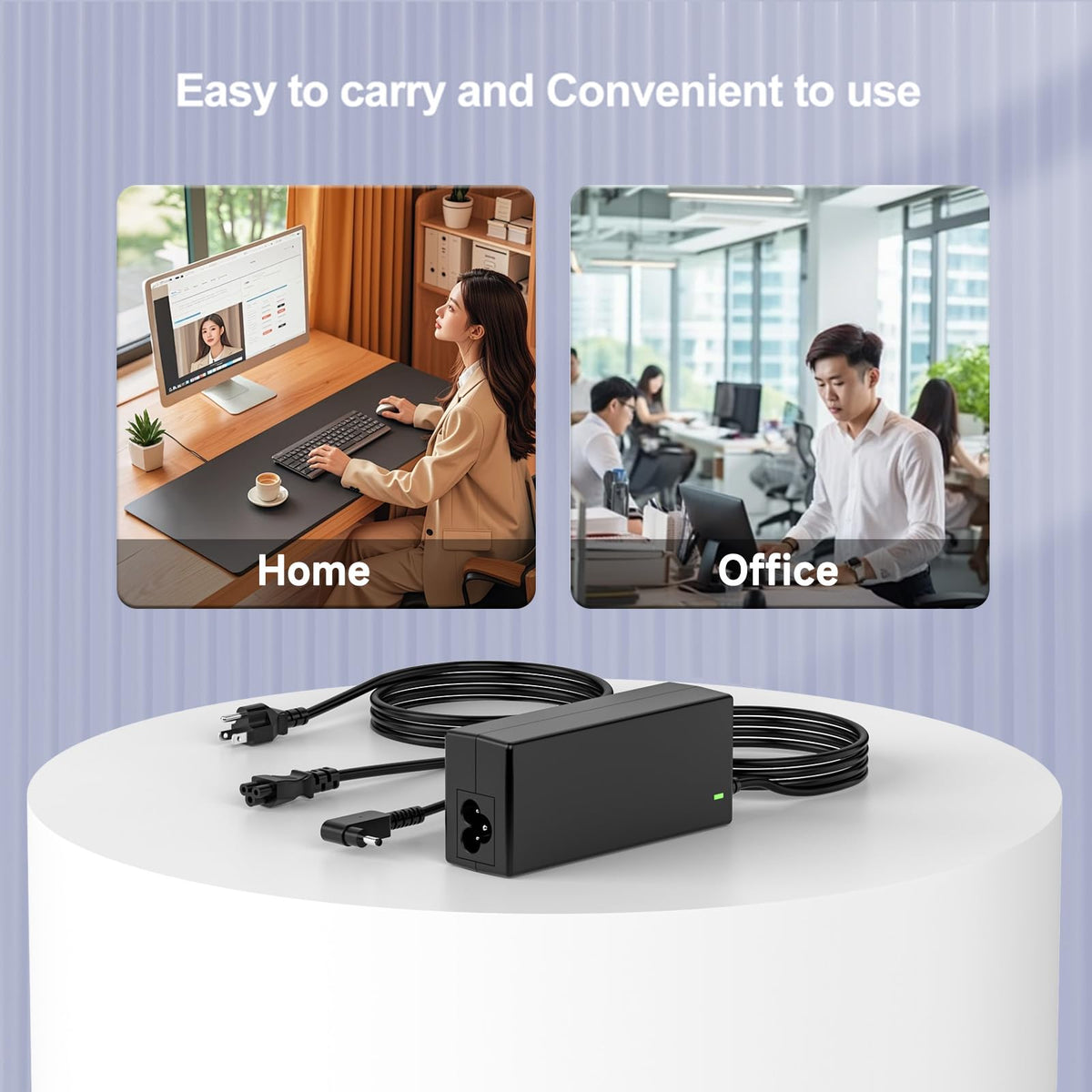 ROLADA adapter on a desk charging a laptop illustrating tidy workspace and portability