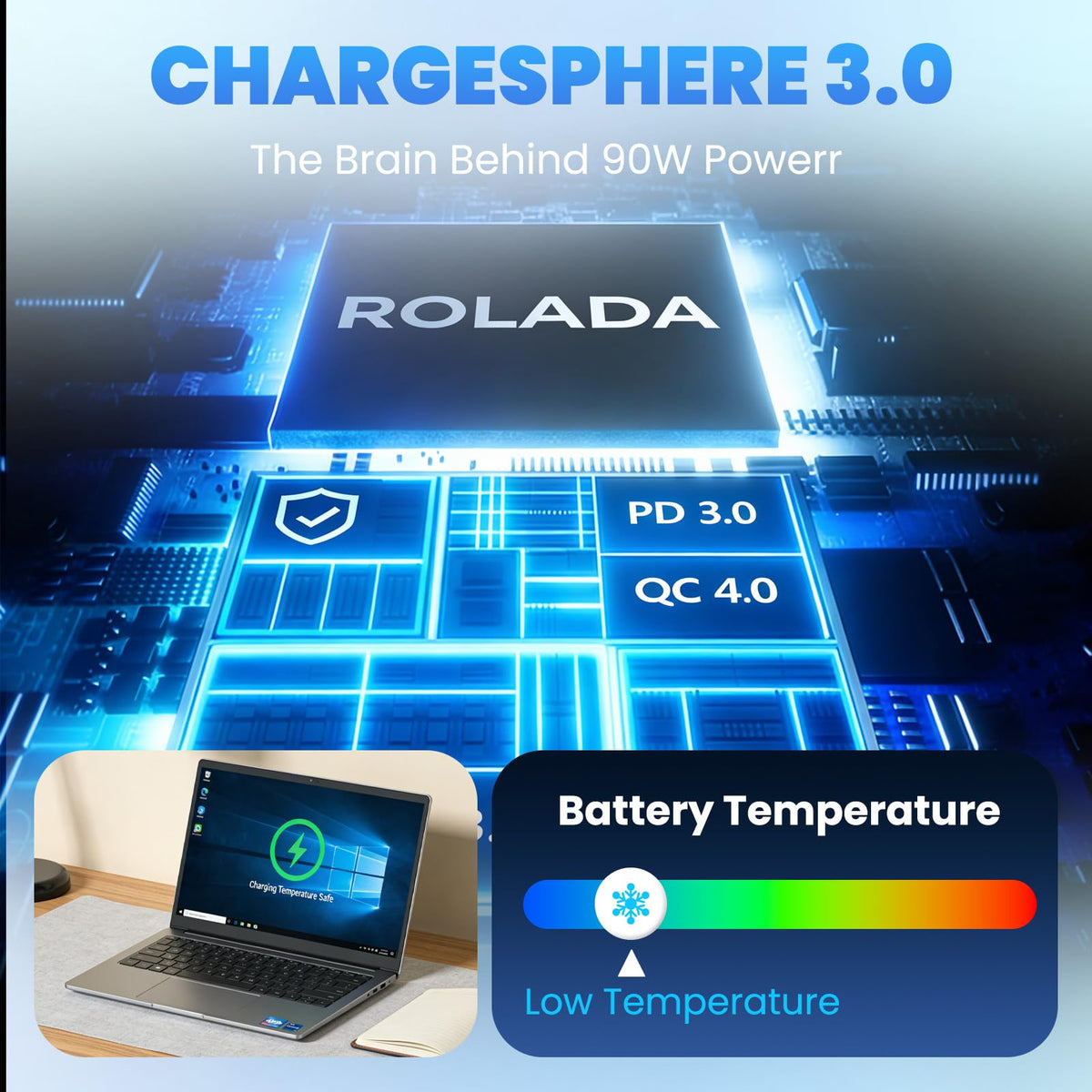 ROLADA side profile of power brick illustrating compact design for convenient transport