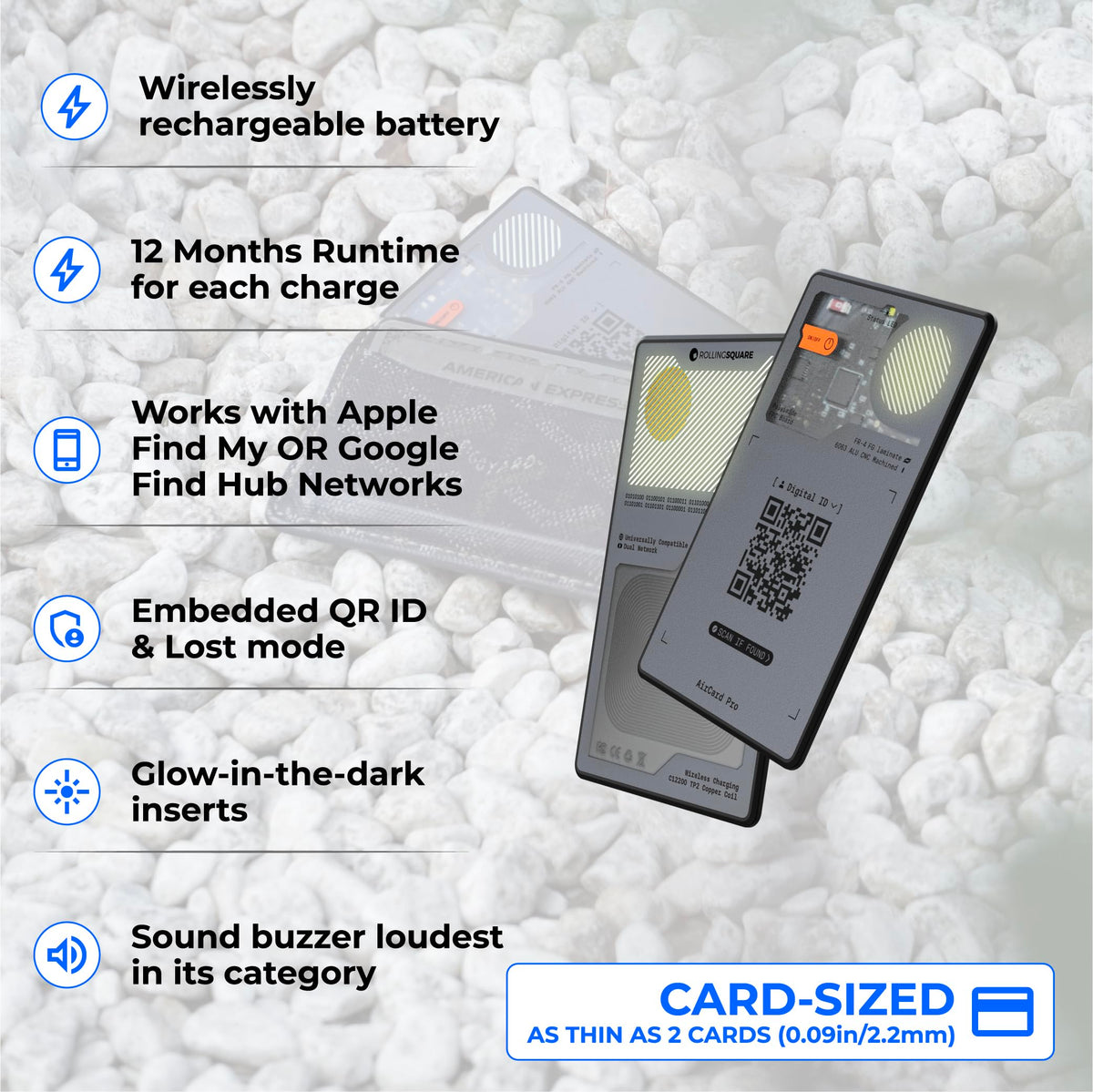 Rolling Square AirCard Pro Dual thinness comparison beside cards, demonstrates slim 2.2mm profile