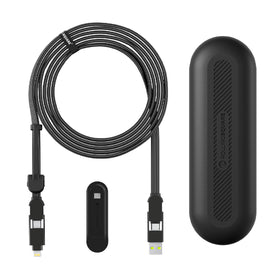 Rolling Square inCharge XL front view shows cable and adapters, offering universal charging