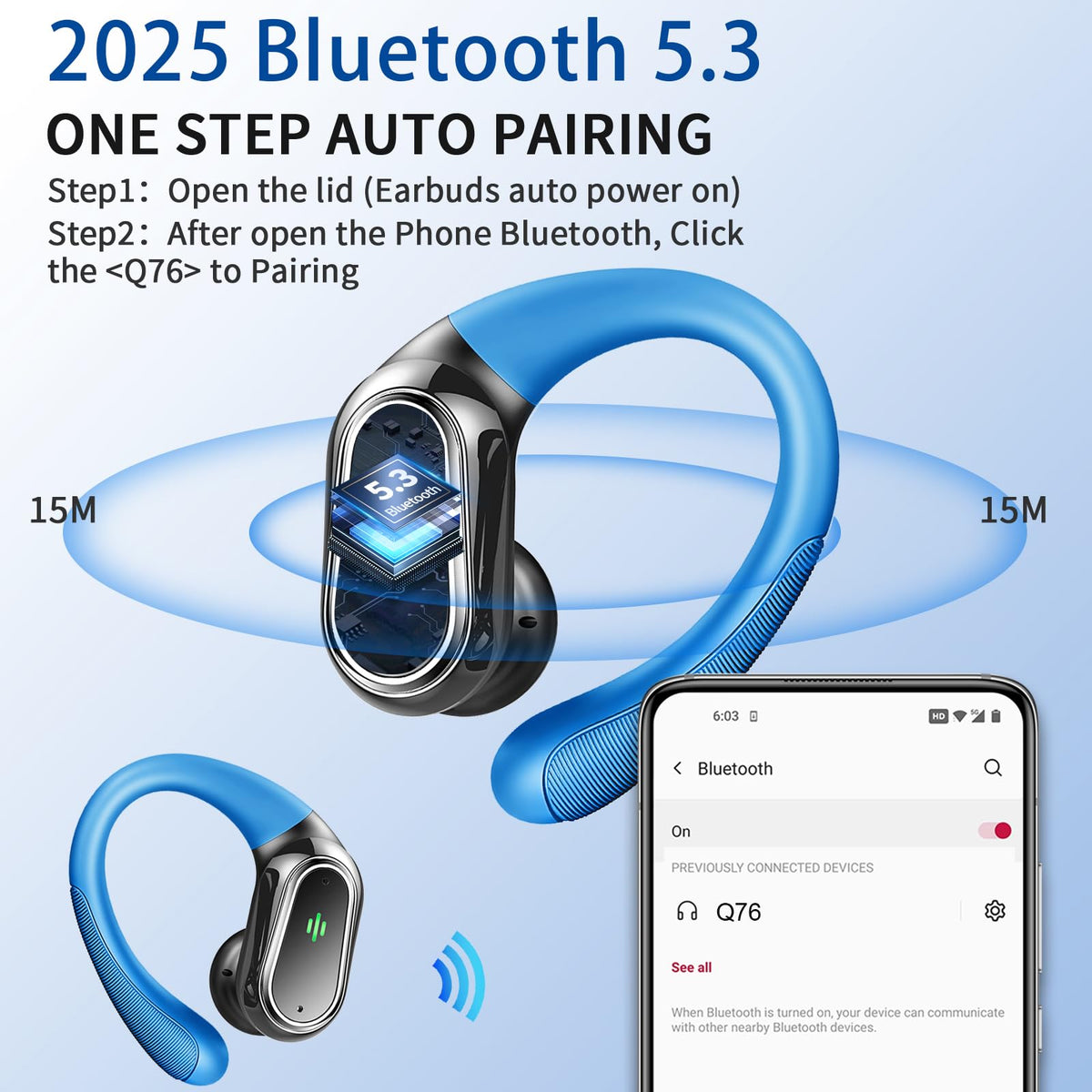 Rolosar wireless earbuds with LED display on case showing battery.