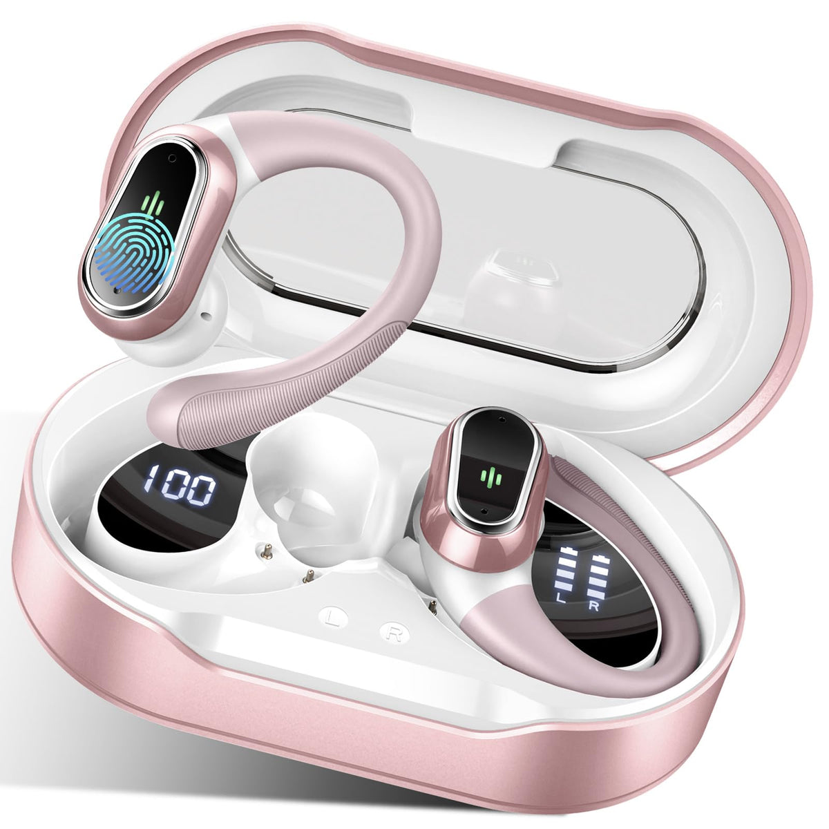Rolosar front view of earbuds and case showing design and portability benefit
