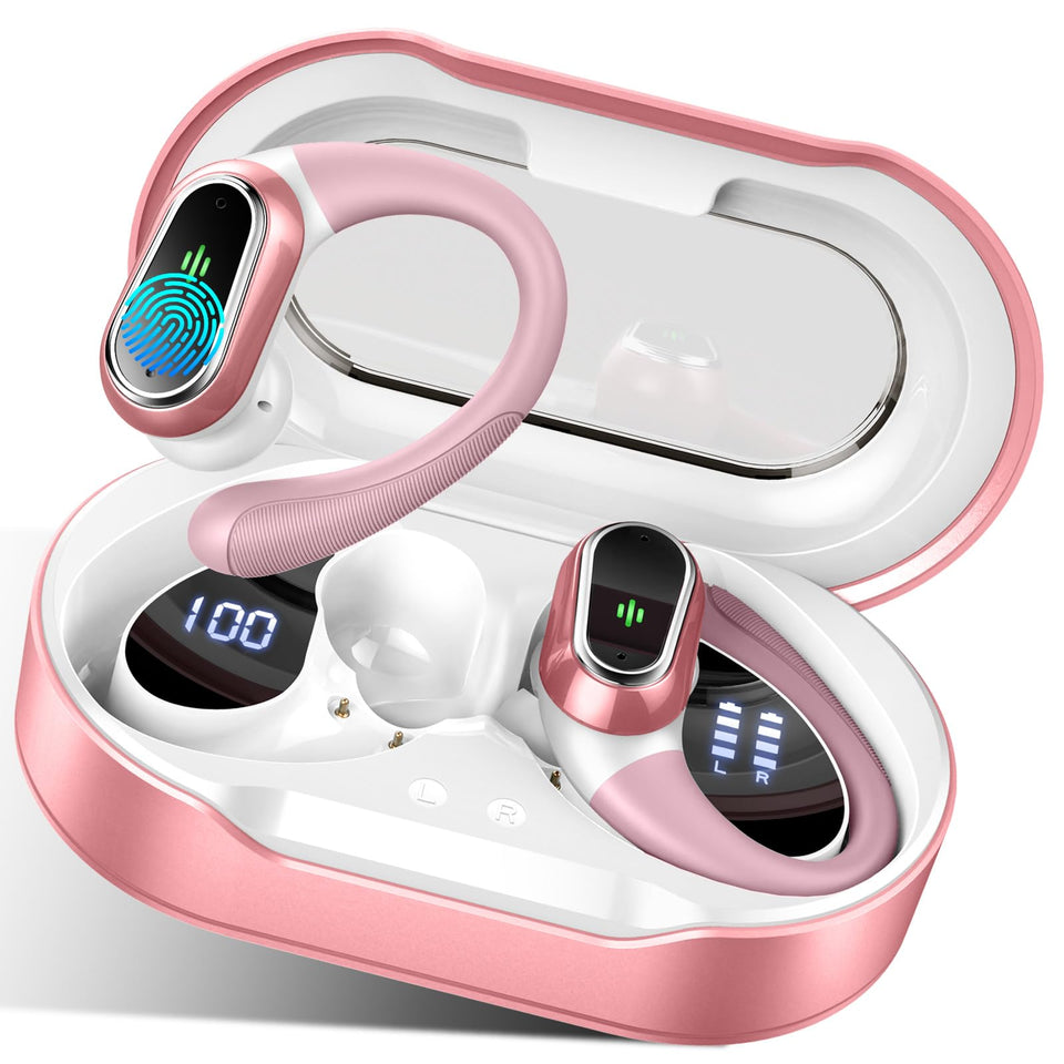 Rolosar wireless earbuds charging case displays battery level for on-the-go topping up.