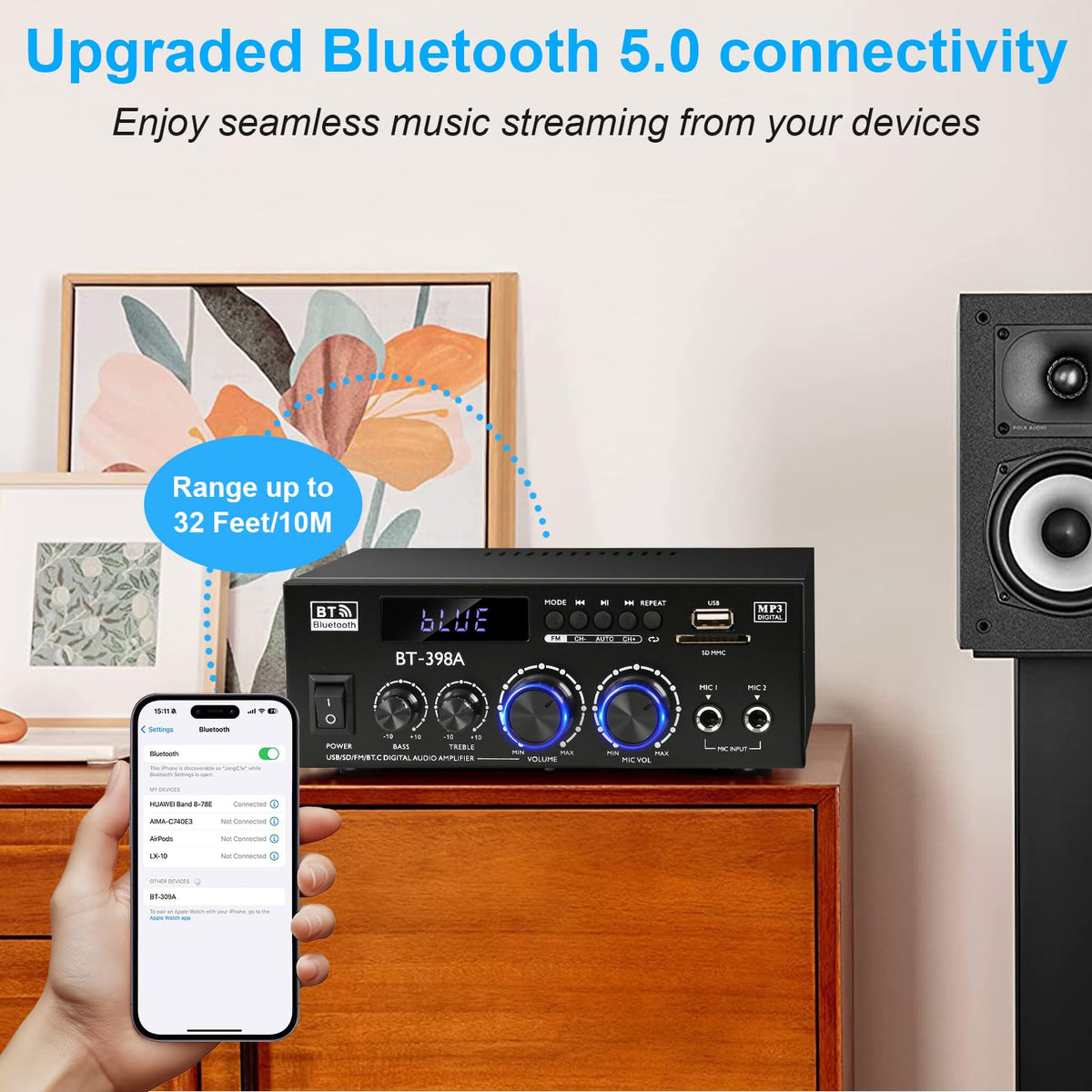 Romicta amplifier on a bookshelf demonstrating compact placement benefit