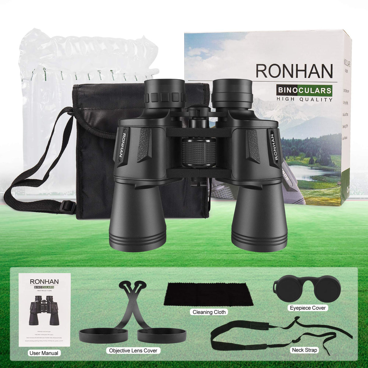 RONHAN binoculars with carrying case and strap illustrating secure transport benefit