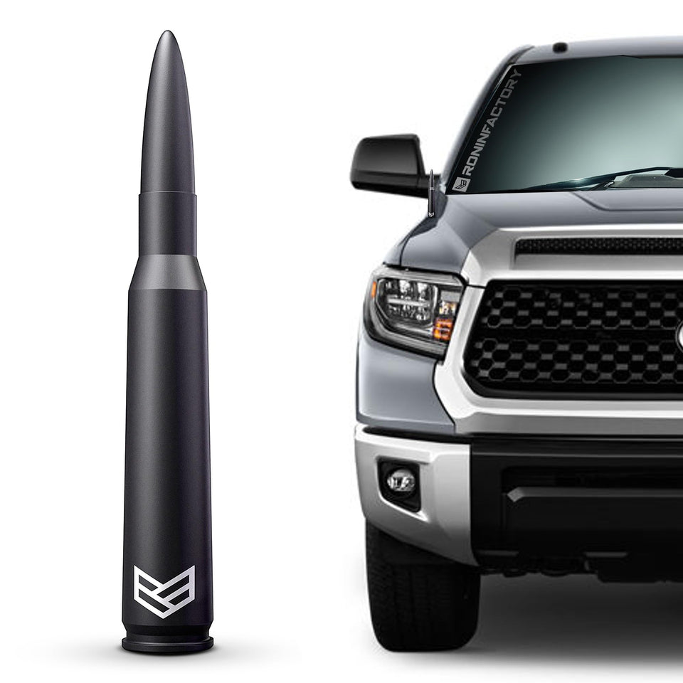 Ronin Factory front view of black billet bullet antenna showing compact profile and style