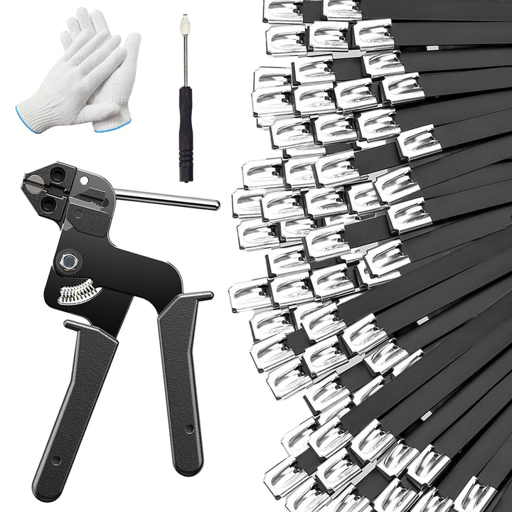 ROOCN front view of kit showing ties gun screwdriver and gloves for complete projects