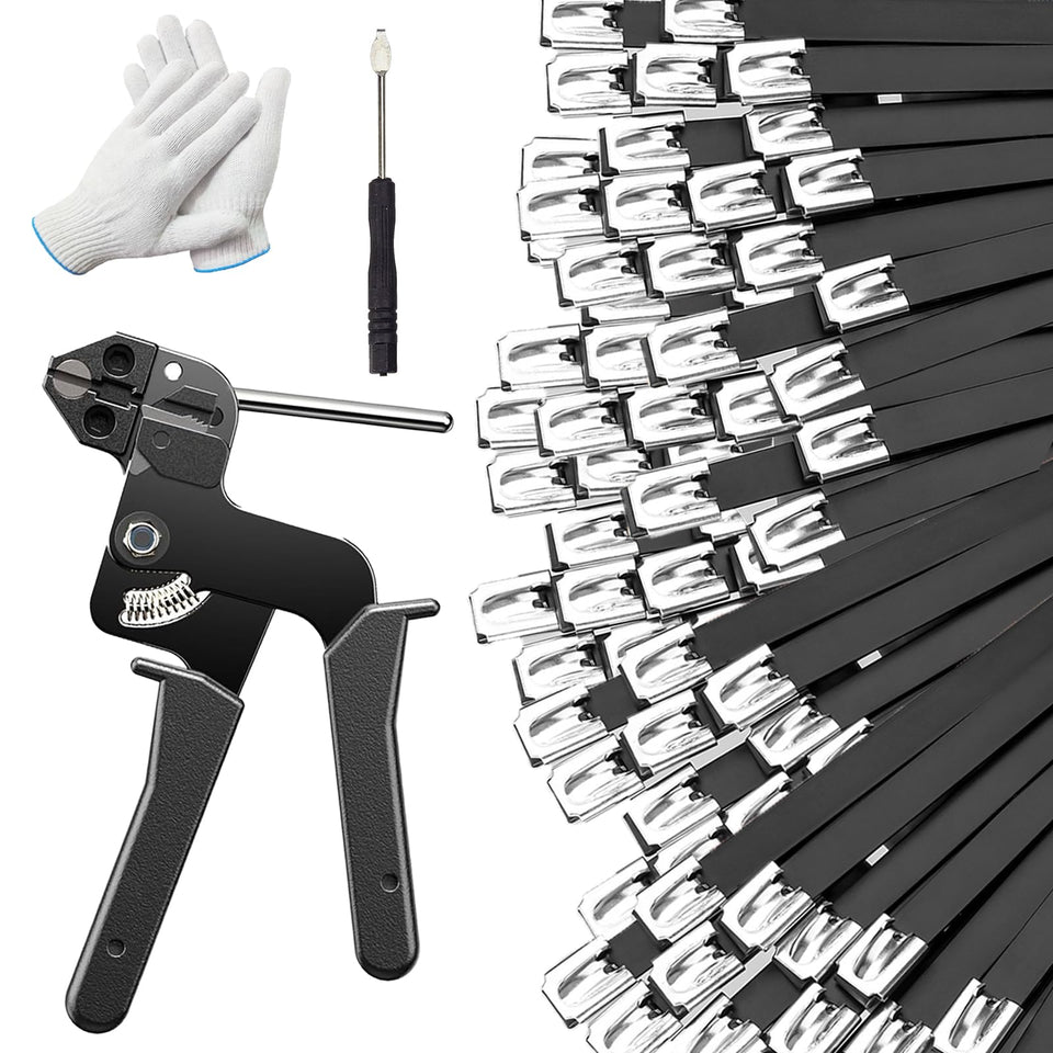 ROOCN front view of kit showing ties gun screwdriver and gloves for complete projects