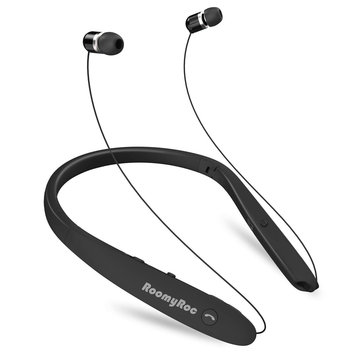 RoomyRoc front view showing sleek black headset and packaging for quick unboxing benefit