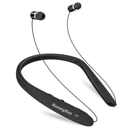 RoomyRoc front view showing sleek black headset and packaging for quick unboxing benefit
