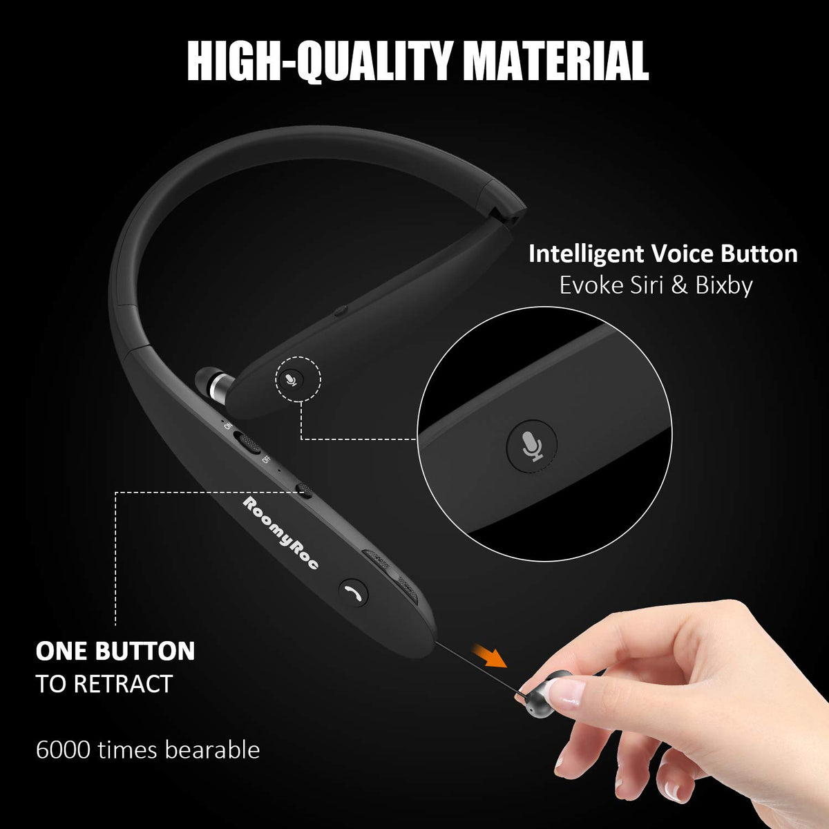 RoomyRoc neckband closeup showing ergonomic curve for comfortable all‑day wear