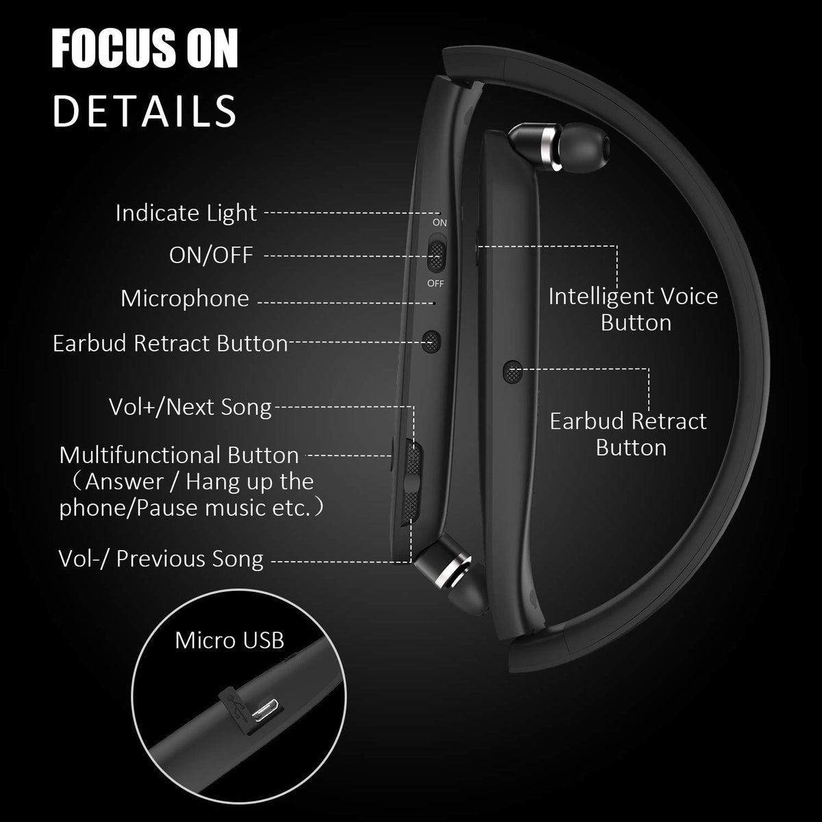 RoomyRoc retractable earbuds extended demonstrating tangle‑free storage advantage