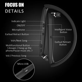RoomyRoc retractable earbuds extended demonstrating tangle‑free storage advantage