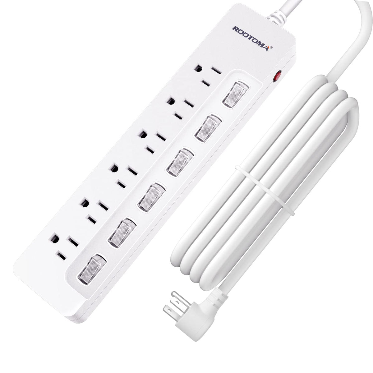 ROOTOMA 10ft extension cord with switches enables selective device control to save energy.