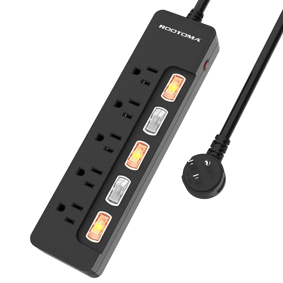 ROOTOMA black extension cord with five outlets and independent switches