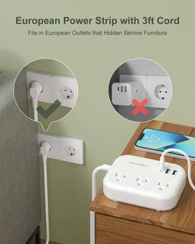 ROOTOMA European power strip shown behind furniture for easier outlet access.