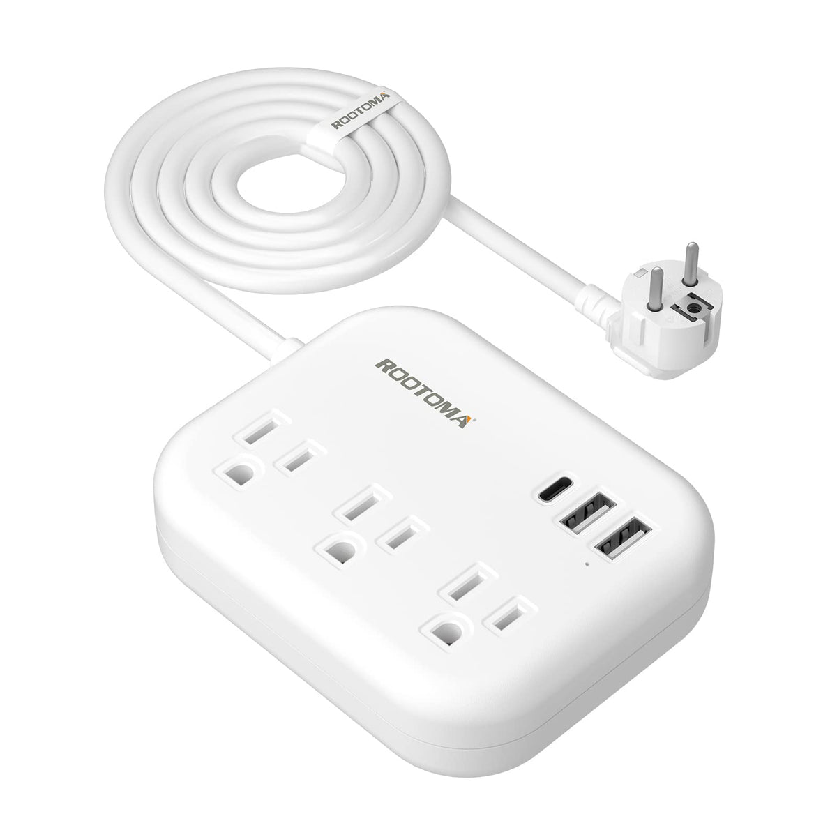 ROOTOMA European travel plug adapter with three outlets and three USB ports for versatile charging.