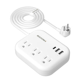 ROOTOMA European travel plug adapter with three outlets and three USB ports for versatile charging.