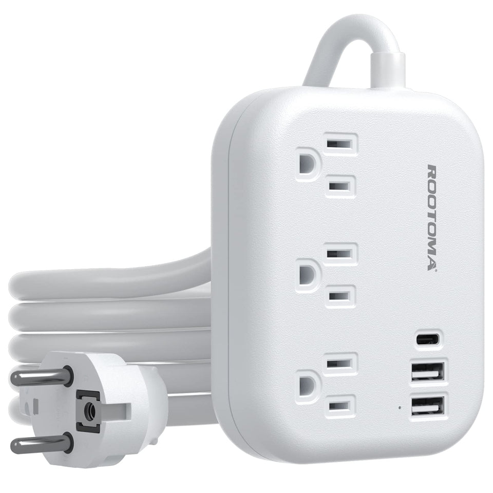 ROOTOMA European travel plug adapter enables easy charging abroad.