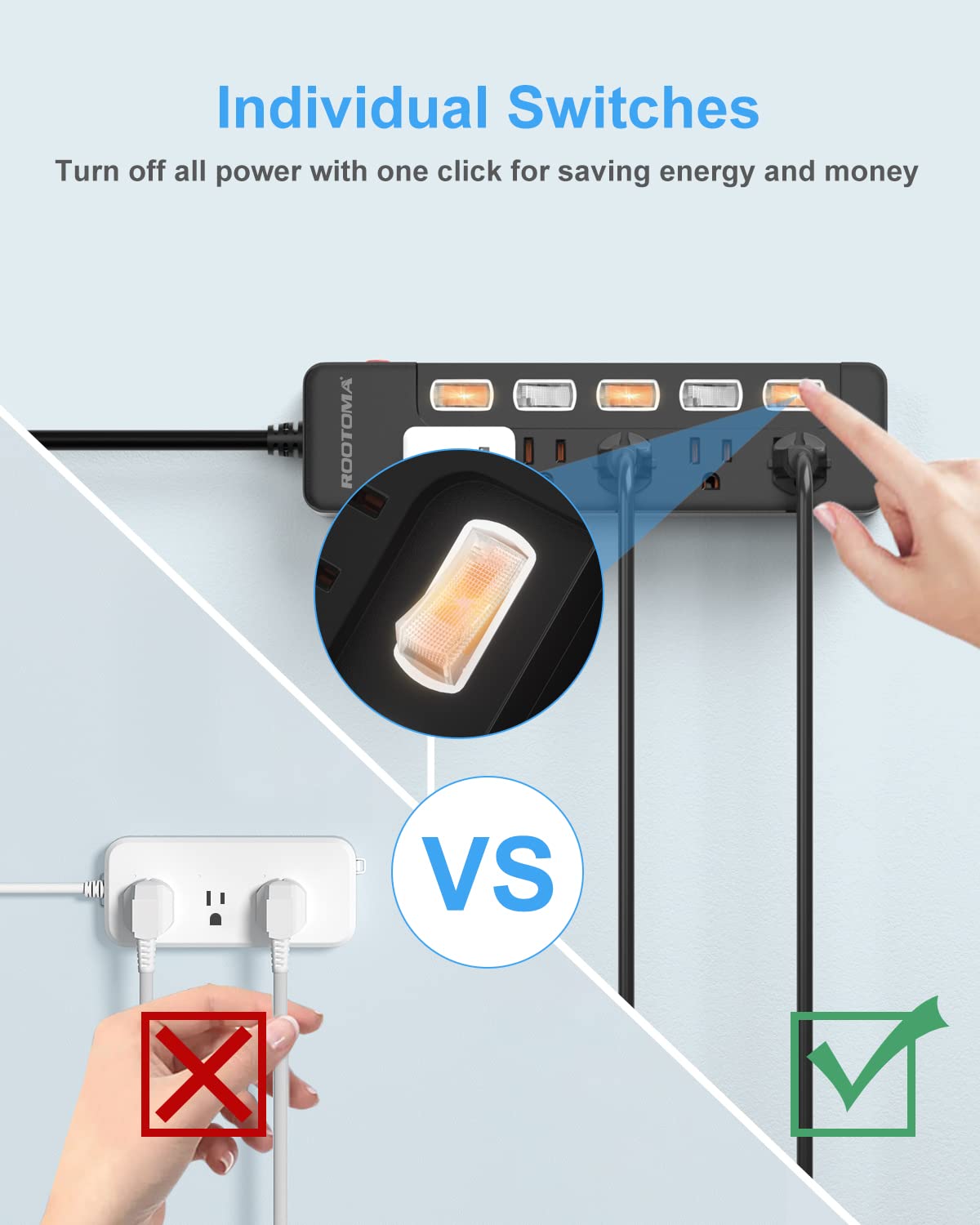 ROOTOMA power strip with illuminated switches for easy visibility