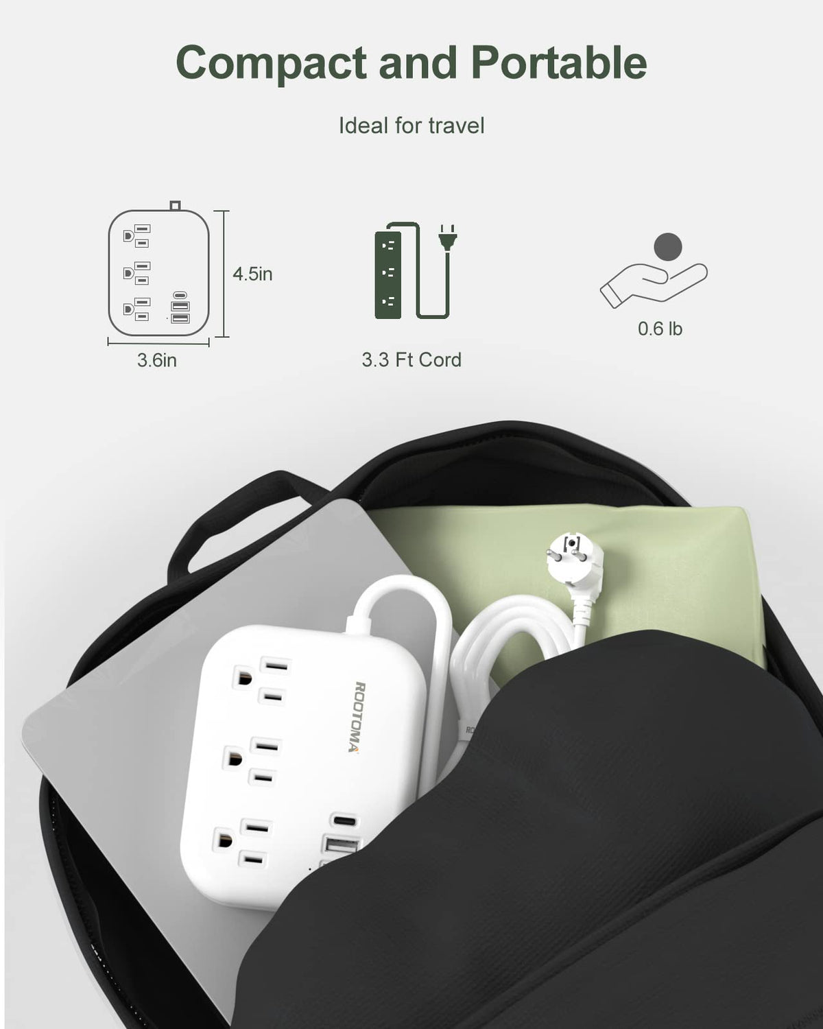 ROOTOMA lightweight travel accessory fits inside luggage for organized charging.