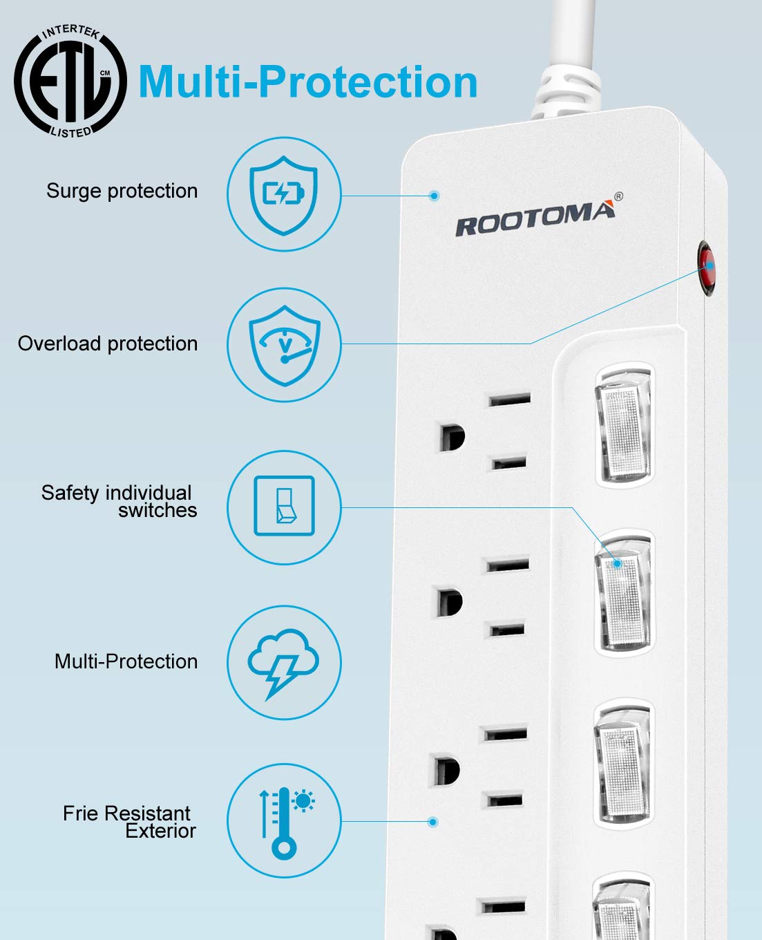 ROOTOMA power strip shows a 6ft heavy-duty cord for flexible placement.