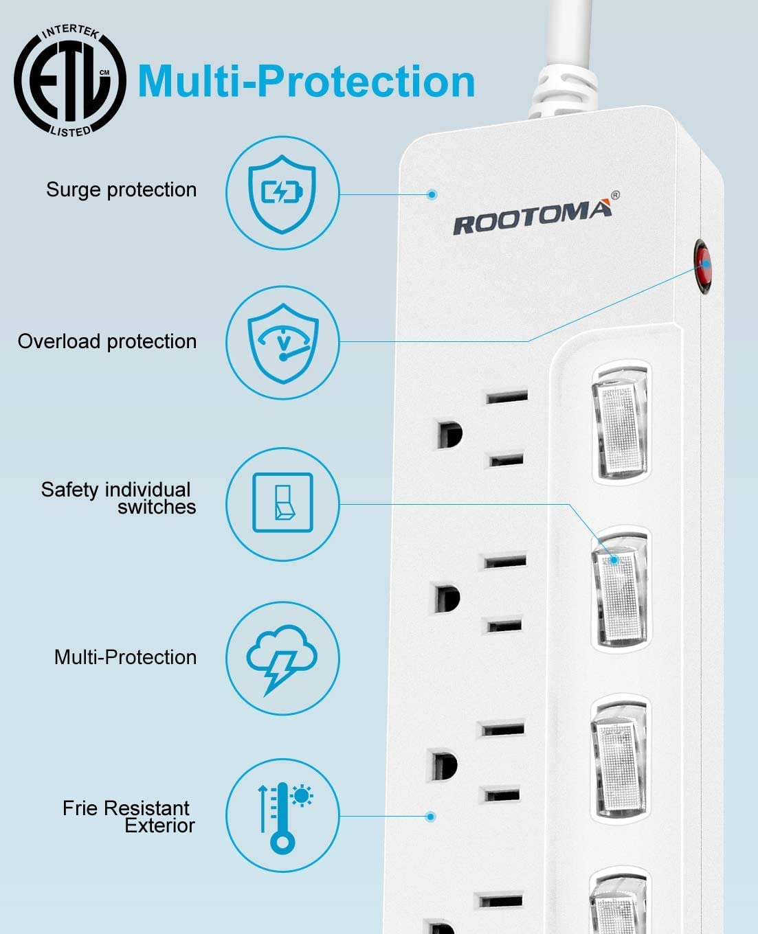 ROOTOMA six-outlet surge protector with individual switches for easy power management.