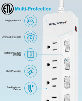 ROOTOMA six-outlet surge protector with individual switches for easy power management.