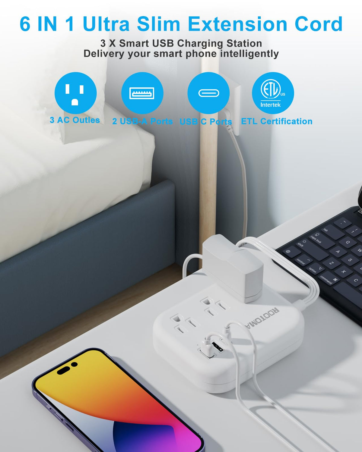 ROOTOMA travel-ready cord keeps outlets accessible on the go.
