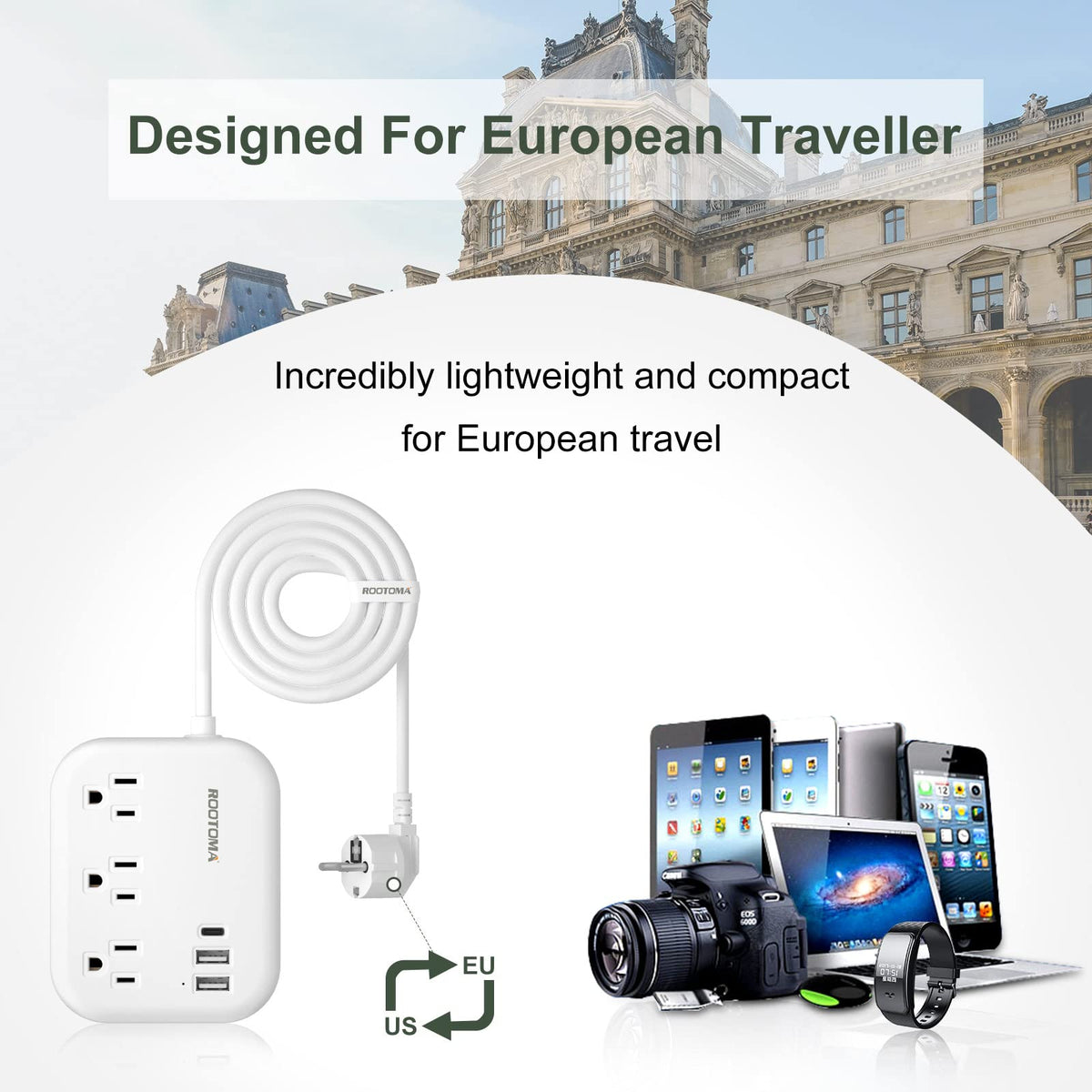ROOTOMA three US outlets for simultaneous device charging.