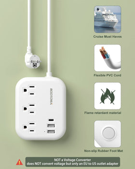 ROOTOMA US-to-EU adapter designed for cruise ships with no surge protection.