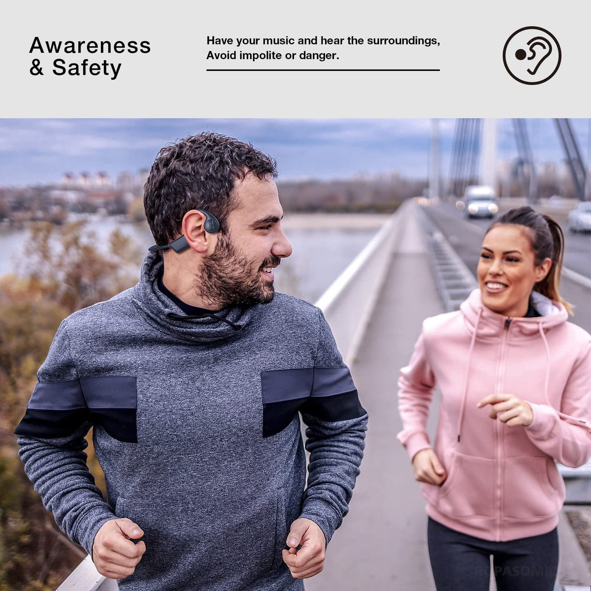 ROPASOMIC open-ear design used in cycling for situational awareness and safe listening.