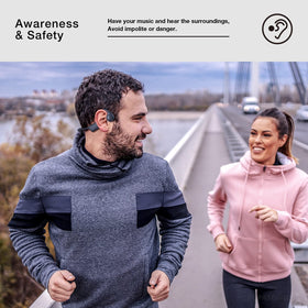ROPASOMIC open-ear design used in cycling for situational awareness and safe listening.